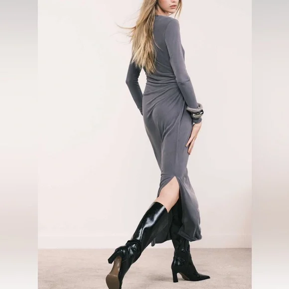 ADOS DESIGN- gray ruched side split midi dress - Picture 3 of 5